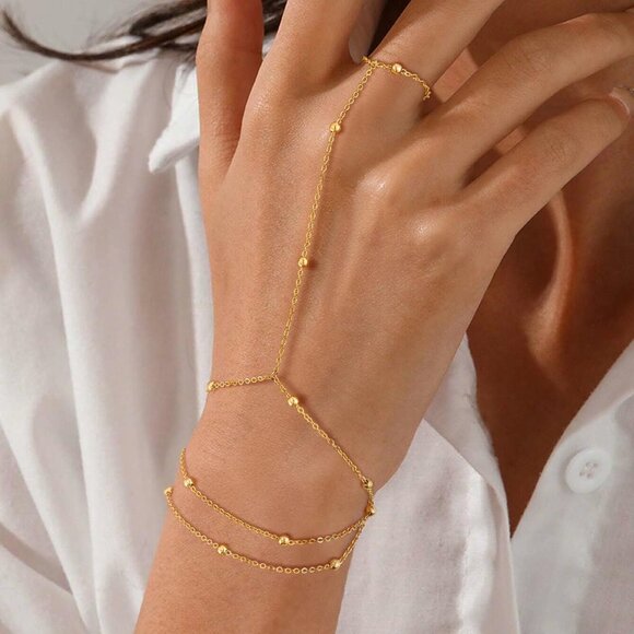 Gold Bracelets for Women, 14K Gold Plated/Silver Hand Chain Bracelet - Picture 2 of 7